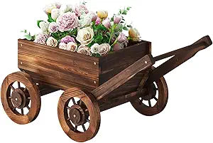 PULIJIAJU Wooden Flower Cart with Wheels Wooden Wagon Planter Trolley Decoration Succulent Flower Pot, Outdoor Garden Planter Decor Planter for Patio Balcony Indoor Backyard Balcon Decor CartSmall