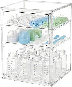 Baby Bottle Organizer, 3 Tiers Acrylic Bottle Storage Organizer Container, Clear Plastic Bottle Station Organizer with 2 Adjustable Dividers for Kitchen Countertop, Bathroom, Cabinet, Vanity (Large)