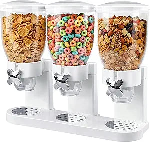 Triple Cereal Dispenser Countertop 2L, Airtight Cereal Containers Storage, Large Capacity Total 6L for Kitchen Pantry, Rotating Dry Food Dispenser for Candy, Nut, Coffee Beans, White