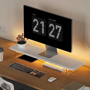 Monitor Stand Riser,31.5-Inch LED Light Wood Computer Monitor Stand with Adjustable Acrylic Legs,Desk Accessories Desktop Organizer Stand for, Computer,Laptop,Printer,PC TV Screen Riser,White