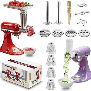 21Pcs Meat Grinder & Cheese Grater Attachment for KitchenAid Stand Mixer, with 4 Grinding Plates, Metal Sausage Stuffer Tubes, 4 Slicer Shredder Attachment, Kitchen Aid Accessories and Attachments