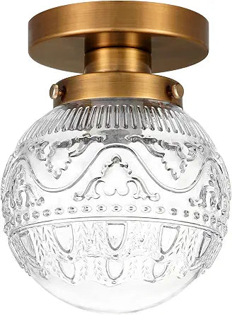 Daunton Small Semi Flush Mount Ceiling Light, Modern Globe Clear Glass Ceiling Light Fixture, Vintage Brass Gold Hallway Light Fixtures for Kitchen, Entryway, Bathroom, Closet