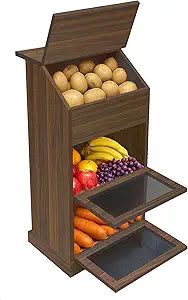 Potato Storage Bin, 3-Tier Potato and Onion Storage Bin with Lid, Wooden Bread Box for Fruit and Vegetable,Food Storage Containers for Kitchen Pantry (Walnut)