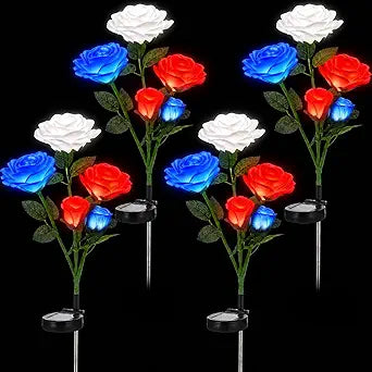 4 Pack Outdoor Solar Flower Lights with 20/28 Waterproof Realistic Solar Powered Flowers Decorative Lights for 4th of July Decor Garden Outside Patio Yard Lawn Pathway (Rose,Red,Blue,White)