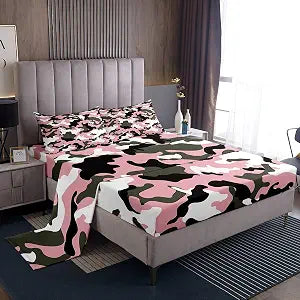 Homewish Army Camo Sheet Sets Full Size Pink Green White Camouflage Bedding Set 4Pcs for Kids Girls Boys Teens Bedroom Decor Soft Microfiber Bed Sheet Modern Fashion Fitted + Flat Sheet,2 Pillowcases
