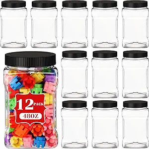 Geiserailie 12 Pcs Square Clear Plastic Jars with Pinch Handle Plastic Storage Container with Screw-on Lids Reusable Wide Mouth Canisters for Dry Good Peanut Cookies Candy (48 oz,Black Lids)