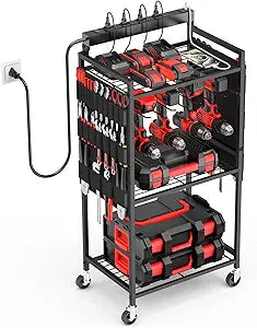 JUNNUJ Garage Large Power Tool Organizer Cart with 8 Outlet 3 USB Charging Station, Floor Rolling Drill and Tools Battery Storage Cart on Wheels, Heavy Duty Utility Rack Shelf with Power Strip, Black