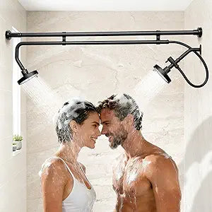 Tandem Shower Head for Couples, Dual Shower System with Sliding & 180Rotation, Tool-free installation of a dual-head black shower with 3 spray modes
