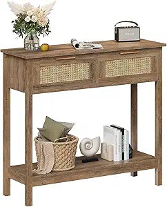 Trironsun Farmhouse Rattan Console Table with 2 Drawers 2 Tier Boho Narrow Long Sofa Table Natural with Open Storage Shelf Wood Entryway Table for Living Room Hallway Foyer