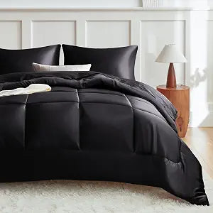MR&HM Twin XL Comforter Set Black, Reversible Satin Microfiber Comforter Set for All Seasons, 2 Pieces Non-Slip Silky Soft Bedding Sets with 1 Comforter (68"x92") and 1 Pillowcase (20"x26")