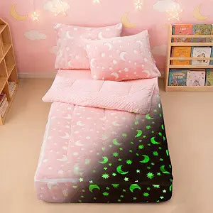 NTBED Glow in Dark Zipper Bedding Sets Twin for Kids Girls Fuzzy Moon Star Comforter Set with Fitted Sheet Pillow Covers,Pink