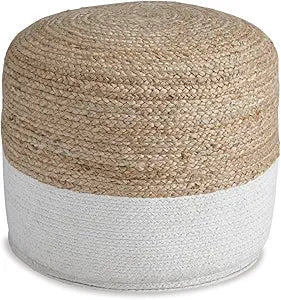 Signature Design by Ashley Sweed Valley Jute & Cotton Pouf, 19 x 19 Inches, Beige & White