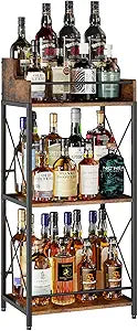 KLM Liquor Bottle Display Shelf, Coffee Syrup Rack Organizer, 3 Step Countertop Wine Rack, Mini Bar, Retro Bar Shelf Stand for Whiskey, Spirits.(Brown)