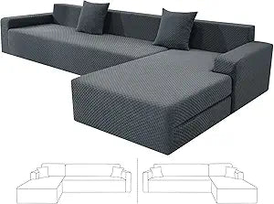 ZNSAYOTX Sectional Couch Covers, Stretch Jacquard Slipcovers with Elastic Bottom for L-Shape Sectional Sofa, 2 Pcs Pet Friendly Modular Sofa Protector (3 Seat Couch + 3 Seat Chaise, Dark Grey)