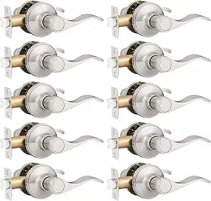 Probrico Door Handles 10 Pack Passage Door Lever, Non-Locking Door Handle Set for Hallway or Closets, Keyless Brushed Nickel Wave Door Lock