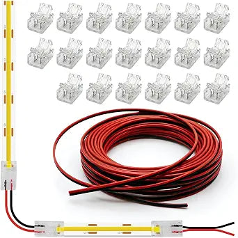 HAMRVL COB LED Connectors for 8mm 2 Pin COB LED Strip Lights, 20 Pack Strip to Wire Solderless Transparent Track Lighting Connector with 19.68ft/6M LED Extension Cable for 5V, 12V, 24V LED Tape Lights