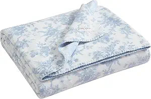 Laura Ashley - Plush Throw Blanket, 50x70, Soft and Warm with a Lightweight Feel, Reversible Floral and Stripe Design, Bedford Blue