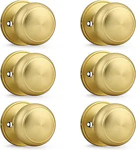 Probrico Gold Door Knob One Side 6 Pack, Fake Door Handles Dummy Function for Closet French Doors, Brushed Brass Finish Inactive Levers, Flat Ball Knob