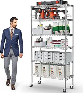 YNN Storage Shelves,6000Lbs 6 Tier Heavy Duty Metal Rolling Shelving Unit with Wheels & 8 Hooks, Adjustable Garage Wire Rack for Kitchen, Bathroom,Industrial,Pantry(36" W x 14" D x 72" H, Chrome)