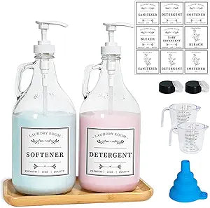 Glass Laundry Detergent Dispenser, Liquid Laundry Soap Dispenser for Laundry Room, 64oz Detergent Bleach Softener Dispenser for Farmhouse Decor, Includes Pumps, Funnel, Labels and Bamboo Tray