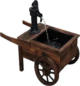 NestNature Outdoor Water Fountain,Wooden Wagon Wheel Pump Old-Fashioned Fountain,Electric Decorative Hand Pump, Outdoor Water Feature for Patio, Garden & Indoor Decoration