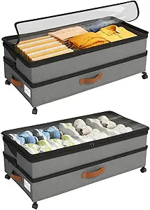 Expandable Under Bed Storage with Wheels 2 Pack Large Under Bed and Closet Storage - Expandable Storage Bins with Lid & Dividers, Low Profile Storage Solution for Clothes, Shoes Great for Dorm Rooms