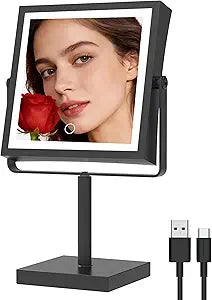 Ruacq Makeup Mirror with Lights, 4000mAh Rechargeable Magnifying Mirror with Light, 1X/10X, Height Adjustable Bathroom Vanity Mirror, 3 Colors, Adjustable Brightness (Matte Black)