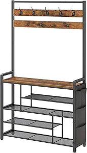 HOOBRO Hall Tree with Bench, Shoe Rack with Coat Rack, 39.4" Coat Rack with Shoe Storage, 5 Tier Shoe Storage Organizer, Oxford Fabric Side Pockets, Coat and Shoe Rack Entryway, Rustic Brown BF46MT01