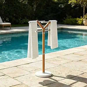 Standing Towel Rack with Marble Base & 2-Tier Wooden Shelf, Polished Stainless Steel, Free Standing Towel Holder for Bathroom, Indoor & Outdoor Pool Accessory (Wooden Towel Rack Stainless Stee)