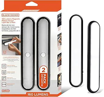 BLACK+DECKER 2-Pack LED Light Bars, 160LM Touchless Motion Sensor Lights, Magnetic Mount LED Strip Lights, Battery Powered Slim Portable Lights for Closet, Garage, Shelf, Indoor