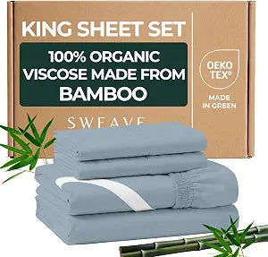 100% Organically Grown Bamboo Viscose King Sheet Set - 16" Deep Pocket with 4 Corner Straps & Double-Elastic, 100% Pure Viscose No Blend, Silky Soft & Breathable Bedsheets, 4 Pcs, Light Blue