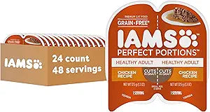 IAMS Perfect Portions Grain Free Wet Cat Food, Healthy Adult Cat Food Wet, Chicken Recipe Cuts in Gravy, (24) 2.6 oz. Twin-Pack Trays