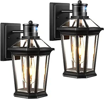 VIANIS Black 2 Pack Outdoor Lights for House, Dusk to Dawn Porch Light Lantern, Exterior Lighting for House Wall Mount, Motion Sensor Light Outside for Garage, Brightness Distance Adjustable