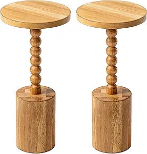 COZAYH Set of 2 Farmhouse Pedestal End Tables, Round Rustic Wood Drink Table with Base Small Space Living Room, Bedroom, Natural Wood Color