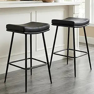 26 inch Counter Height Black Leather Bar Stools Set of 2, Backless Saddle Bar Stools for Kitchen Counter and Dining Room, Modern Kitchen Stools with Double Layered Cushion and Metal Legs