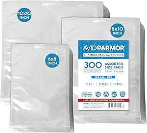 Avid Armor Chamber Vacuum Sealer Bags 6x8", 8x10" & 10x10" 300 Pack Heavy Duty Commercial Grade, BPA-Free Pouches for Sous Vide, Food Preservation, Meat Storage, Freezing, and Long-Term Storage