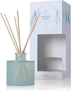 Thymes Petite Reed Diffuser Set Includes Rattan Wood Sticks, Fragrance Oil, & Glass Bottle Home Fragrance Oil Diffuser Luxury Home Decor Guest Bathroom Essentials (Washed Linen, 4 fl oz)