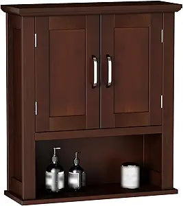 ChooChoo Wood Wall Cabinet with Doors, Medicine Cabinet with Adjustable Shelves Over The Toilet, Rustic Cabinet Wall Mounted for Bathroom, Kitchen, Living Room, Dark Cherry