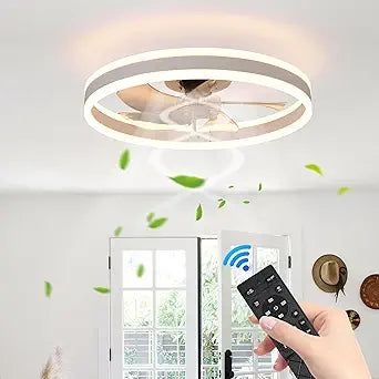 20" Low Profile Ceiling Fan with Light and Remote Control, Flush Mount Bladeless Ceiling Fan, 6-Speed Reversible Modern Enclosed Ceiling Fan for Bedroom, Living Room, Kitchen (White)