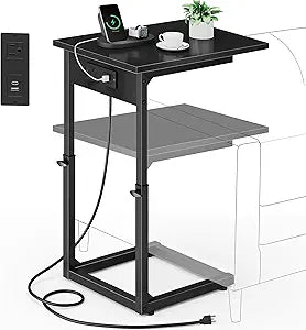 Vagusicc C Shaped End Table with Charging Station, 33"Tall C-Table End Table Adjustable Height Side Table for Couch, Couch Table That Slide Under Sofa Table TV Tray Table for Living Room,Bedroom,Black