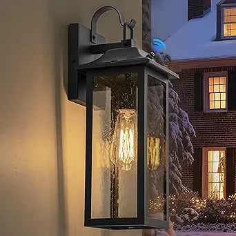 17inch Dusk to Dawn Outdoor Wall Light, Sensor Porch Lights Outdoor,Matte Black Exterior Wall Lantren with Seeded Glass Shade,Waterproof Outside Lights for House,Front Door,Patio