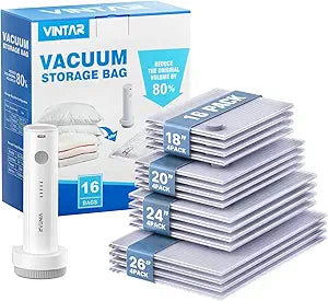 Vacuum Seal Bags for Clothing Travel, VINTAR 16 Pack Vacuum Storage Bags with Rechargeable Wireless Pump, Space Saver Bags(4 Jumbo+4 Large+4 Medium+4 Small) for Travel Luggage, Suitcase Storage