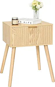 AWASEN Fluted Nightstand, Small End Tables Living Room, Wood Bedside Side Table with Storage Drawer for Bedroom and Small Space, Natural