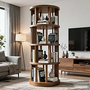 Rotating Bookshelf Tower, Wooden, 4 Tier Vertical Rotate Turning Spiral Corner Organizer, 360 Rotating Book Tower, Ideal for Small Spaces, Living Rooms, Bedrooms (Rural, 4 Tier)