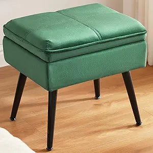 Storage Ottoman Upholstered Stool with Padded Seat, Tufted Vanity Stool with Metal Legs, Accent Stool, Velvet, Green