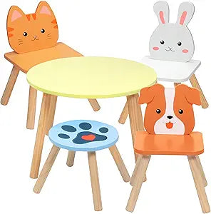 Kids Wooden Animal Table & Chair Set w 4 Seats- Puppy Kitten Bunny Plus Adult Stool for Arts & Crafts, Coloring, Activity, Dining, Pretend Play- Toddler Playroom Furniture for Home, Daycare Classroom