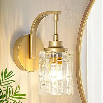 Gold Bathroom Wall Sconce Light,1-Light Vintage Brass Sconces with Clear Glass Shade,Hardwired Wall Mount Lighting for Mirror Bedroom Hallway Kitchen