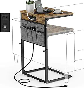 Vagusicc C-Shaped End Table with Charging Station, Small Side Table for Couch, 33" Tall C Table Adjustable Height Side Table, Couch Tables that Slide Under, Sofa Table TV Tray for Living Room, Brown