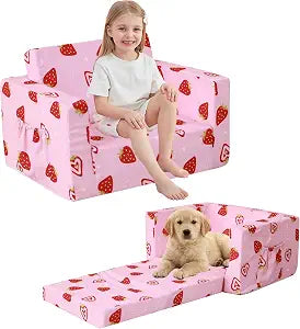 lasoftan Toddler Couch, 2-in-1 Soft Kids Couch Bed Fold Out, Toddler Chairs Comfy for Boys & Girls, Convertible Kids Sofa to Lounge for Playroom, Gift for Birthday, Children's Day - Pink Strawberry