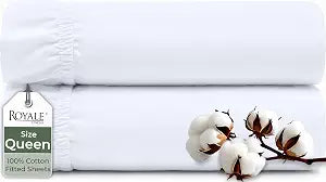 Royale Linens 100% Organic Cotton 2 Pack Fitted Sheet - Percale Weave - Super Soft Deep Pocket Bottom Sheets - White Elastic Sheet Queen Size - Queen Fitted Sheets Only - (60"x80"+15", White)
